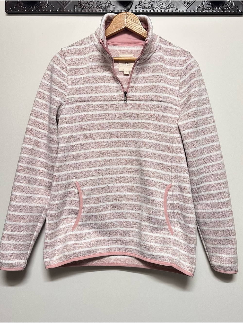 Striped Pink & White Quarter-Zip Pullover Knit Sweatshirt - Women's Front Pocket